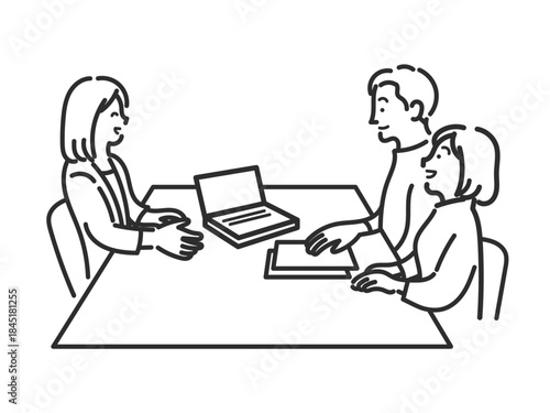 ライフプランについて相談する30代夫婦のイラスト　線画のみ