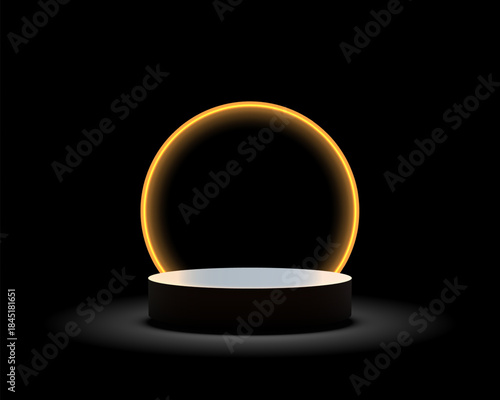 Dark Futuristic Product Stage Podium with Glowing Neon Orange Circle and Spotlight for Minimalist Luxury Display and Commercial Technology Presentation