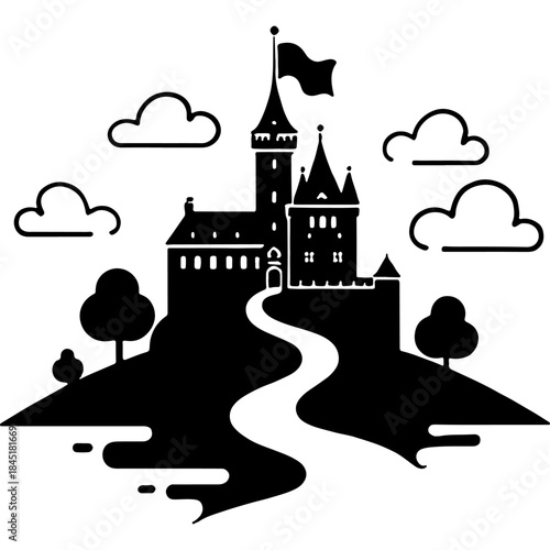 Fairytale royal castle. Engraving minimalistic vector in black ink drawing on transparent background