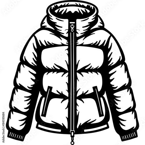 Warm winter men jacket. Engraving minimalistic vector in black ink drawing on transparent background
