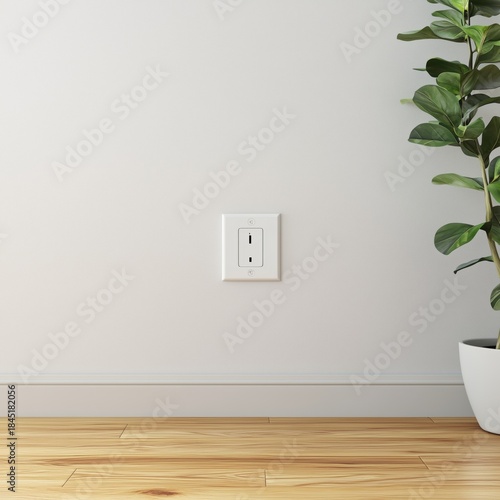 Wall Outlet and Green Plant in a Modern Indoor Setting by Wooden Floor