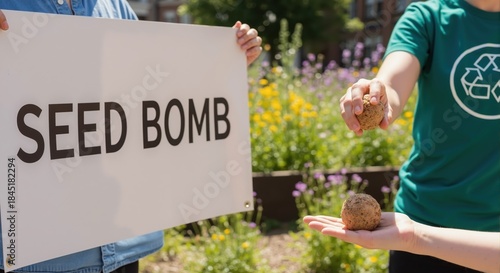 Community volunteers holding a seed bomb sign and soil balls for planting. Environmental conservation and guerrilla gardening concept