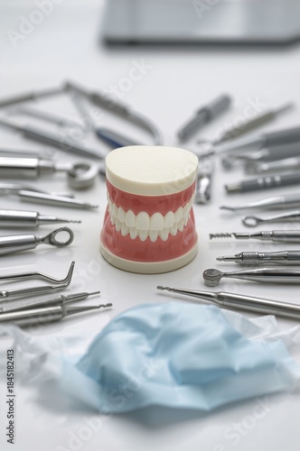 Dental Tools Surround a Model of Teeth on a Table During a Dental Exam in a C...