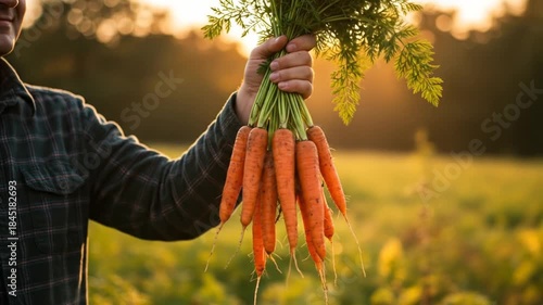 Farmer holding fresh carrots at sunset