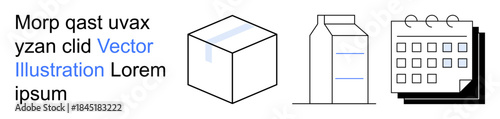 Packaging, planning, product design, supply chain, time management, minimalism. Black outlined cube, milk carton and calendar on white background. Packaging and planning concepts