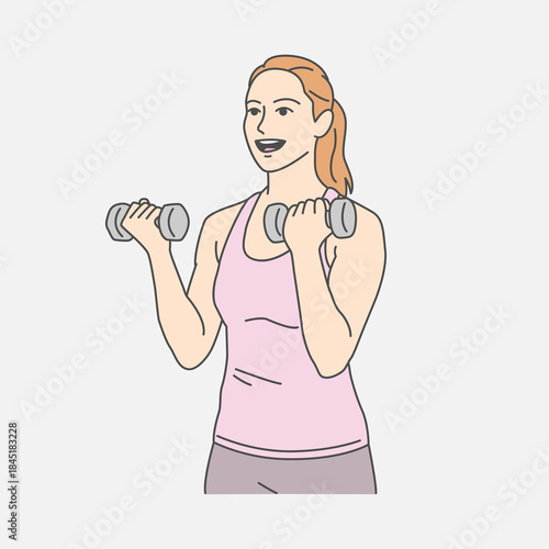 Cartoon illustration of a fit woman in a pink tank top performs a dumbbell curl, showcasing strength training and fitness. Ideal for health, exercise, wellness, gym lifestyle