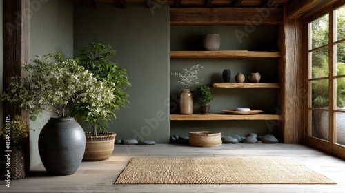 Wallpaper Mural A rustic and cozy Japanese-style interior with wooden shelves, green walls, natural light, woven rugs, and a minimalist design aesthetic that blends Japanese minimalism with Scandinavian simplicity.
 Torontodigital.ca