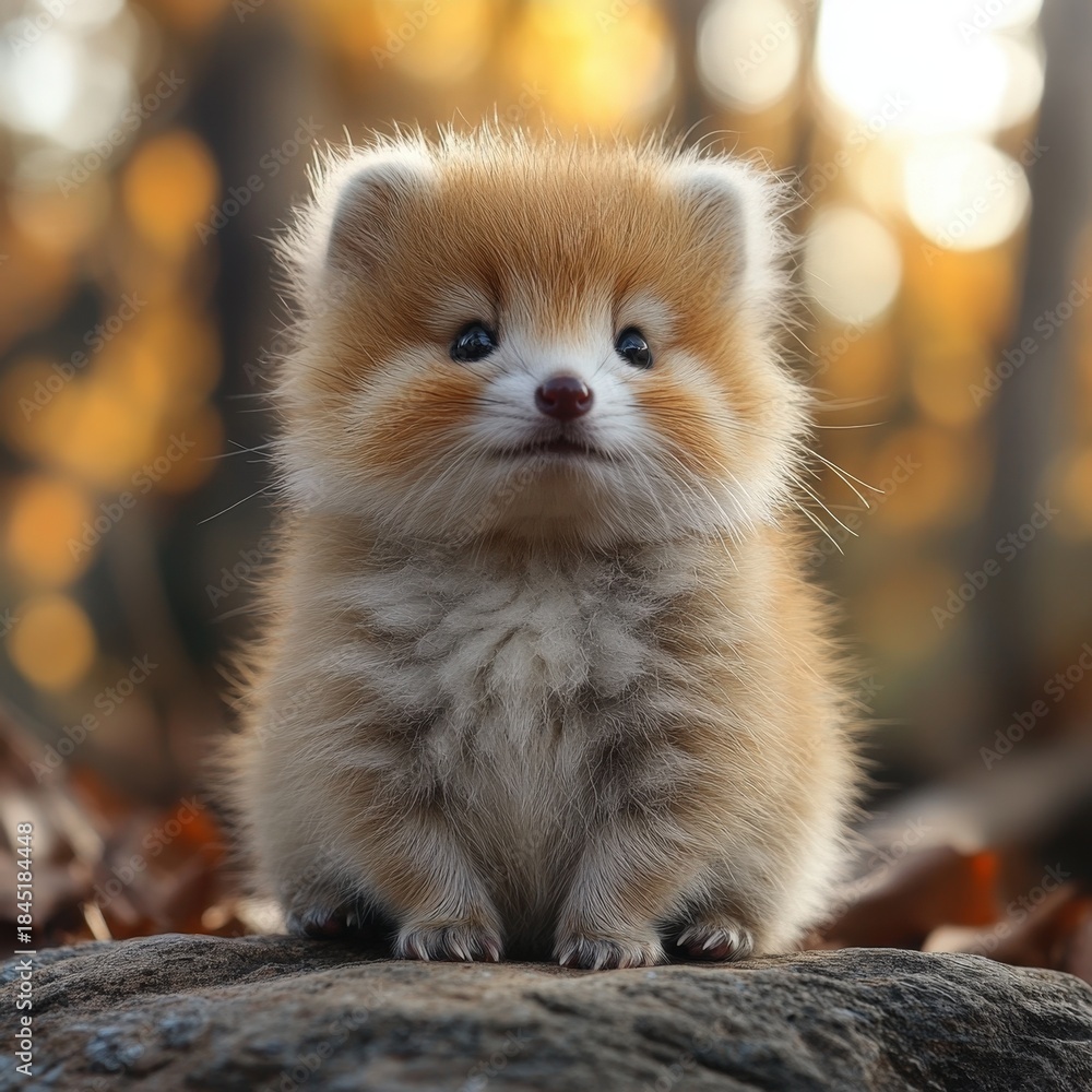 Naklejka premium A charming image of a small fox cub with large, expressive eyes resting comfortably on a smooth rock. The cub's appearance is adorable and evokes feelings of warmth and innocence.