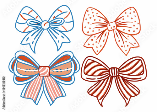 Four hand drawn bow tie featuring different patterns and color combinations including stripes dots and solid colors on a white background
