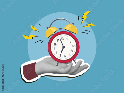 A black and white hand holding a ringing red alarm clock. Deadline concept. Modern collage style. Vector illustration