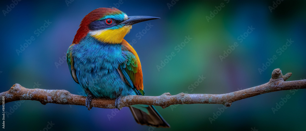 Obraz premium A Colorful Avian Jewel A European bee-eater perches gracefully on a slender branch, its vibrant plumage showcasing a stunning array of colors against a blurred background.