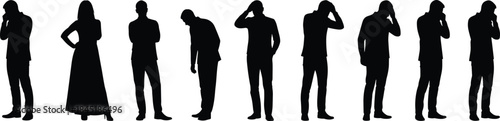 Business people silhouettes showing thoughtful and stressed poses, professional emotions, decision making concepts, leadership psychology, and workplace behavior illustration