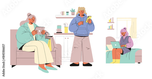 Business men, and women work online, surfing the internet with laptops, mobile phones, tablets PC. People using gadgets set different activity vector