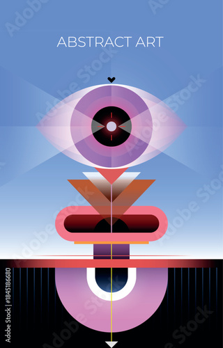 Lighthouse. Abstract design depicting a flower or building emerging from the ground, topped with a large eye, with plenty of copy space around. Modern art vector illustration with gradien effect.
