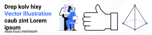 Workplace productivity, approval, design concepts, teamwork, data visualization, geometry. A person working at a desk, a thumbs-up hand and a geometric diagram. Workplace productivity and approval