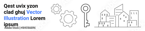 Business development, urban planning, security, innovation, design concepts, technology. ion of key, gears and cityscape. Business development and urban planning concept