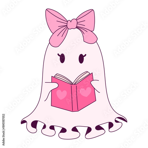 Illustration of a Cute Ghost Reading a Heart-Decorated Book with a Pink Bow