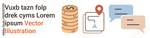 Finance, navigation, communication, transactions, messaging, online tools. Stack of coins, map pin with folded map and speech bubbles. Finance and navigation concept