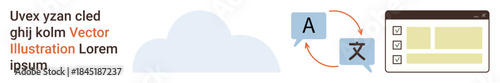 Language learning, translation, cloud computing, app development, digital education, communication tools. Cloud icon, language symbols and a web interface with task elements. Language learning