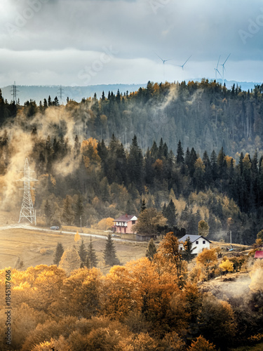 Sunny Autumn Carpathians with Puffy White Clouds
