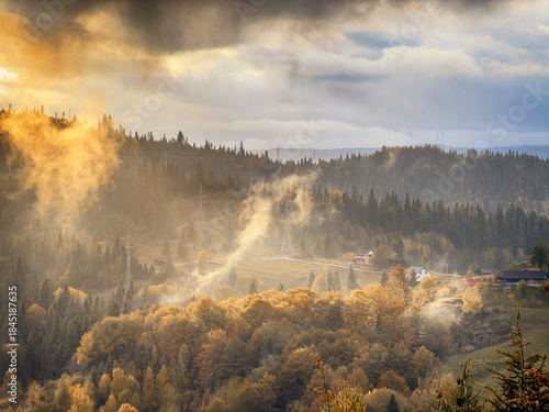 Sunny Autumn Carpathians with Puffy White Clouds