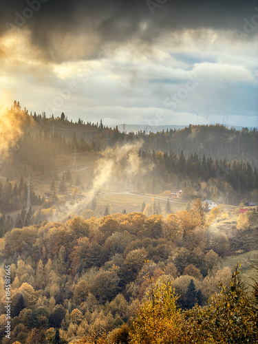 Sunny Autumn Carpathians with Puffy White Clouds