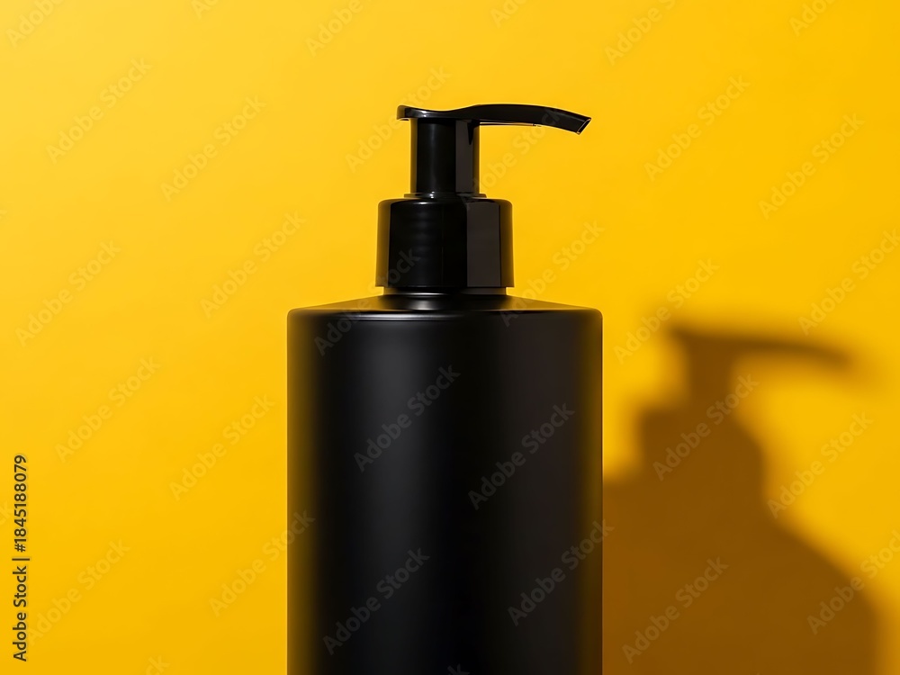 Obraz premium Black Plastic Pump Bottle on Bright Yellow Background