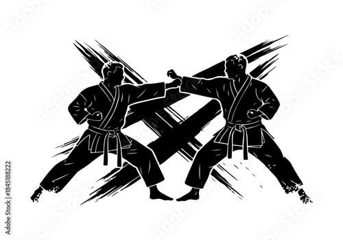 Two silhouetted martial artists in fighting stances with a dynamic brush stroke background, illustrating combat sports.