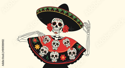 Female skeleton character dressed in a traditional sombrero and poncho for the Mexican Day of the Dead or Dia de los Muertos.