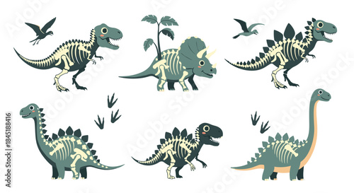 Collection of cute cartoon dinosaurs including a T-Rex and Triceratops showing their skeletons in a fun x-ray style design.