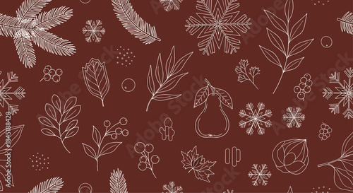 Seamless winter holiday pattern with white line art of snowflakes, fir branches, leaves, and berries on a brown background.
