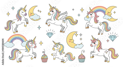 Magical set of cute cartoon unicorns with rainbow manes, sleeping moons, stars, cupcakes, and other fantasy elements.