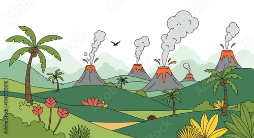 Prehistoric landscape scene with multiple erupting volcanoes, lush jungle foliage, and palm trees in a cartoon line art style.