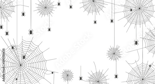 Spooky Halloween background frame with black spiderwebs and hanging spiders, leaving a blank white space in the center.