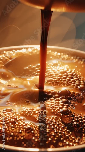 Pouring Espresso Delight: A close-up view captures the rich, dark espresso cascading into a cup, creating a sensory experience with its foamy texture and aromatic steam. 