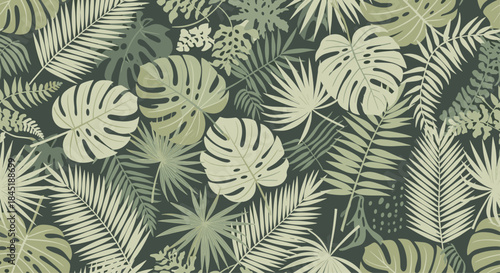 A seamless and repeating pattern featuring a dense arrangement of various green tropical leaves like monstera and palm on a dark backdrop.