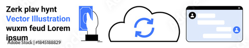 Cloud storage, data transfer, online communication, file sharing, collaboration, digital access. A cloud with a sync icon, smartphone interaction and message screen. Cloud storage and data transfer