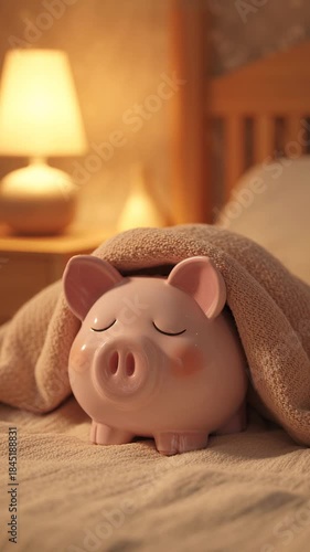 Piggy Bank's Slumber: A sweet piggy bank, nestled under a cozy blanket in a softly lit bedroom setting. A cute scene.