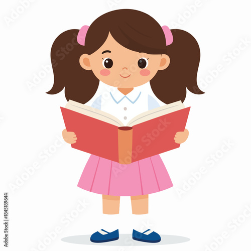 A cute cartoon girl with pigtails, wearing a white shirt and pink skirt, happily reading an open red book.