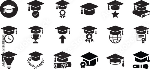 Graduation cap icon set in bold vector style, isolated on white, ideal for education and academic use