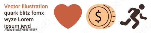 Finance, charity, motivation, health, economy, physical activity. Heart icon, dollar coin running person silhouette. Finance and charity conceptualized together with related