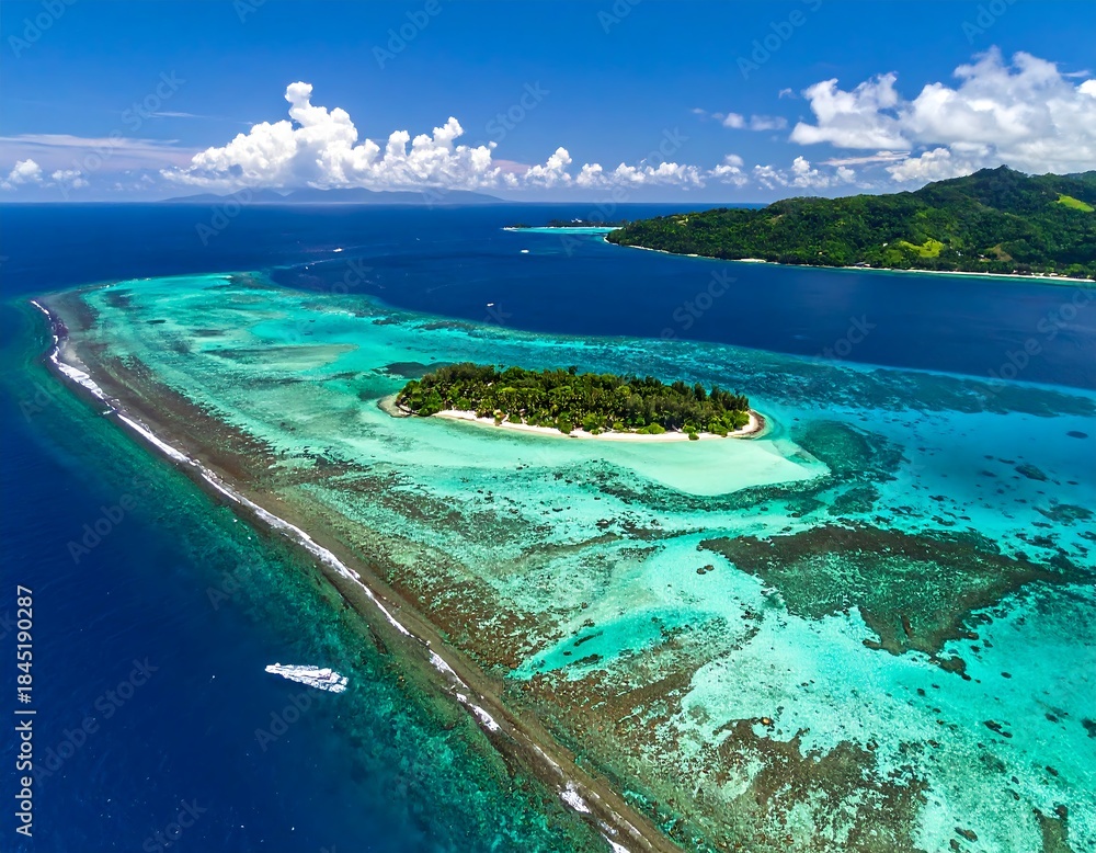 Fototapeta premium Aerial view shows a stunning coral reef with island