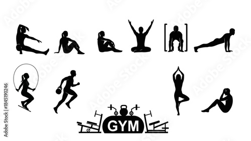 Black silhouette gym workout exercise icons set