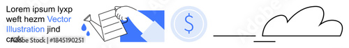 Digital transactions, cloud computing, data sharing, remote work, financial services, digital processing. Stylized hand holding document, currency symbol, and a cloud outline with a network line