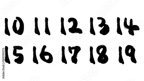 筆タッチの数字の10から19の手描きイラスト