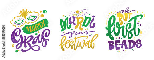 Mardi Gras - hand drawn doodle lettering quote. Lettering for t-shirt design, mug print, bag print, clothes fashion. 100% hand drawn vector image.

