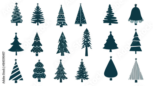 A festive vector illustration of a collection of Christmas trees in a snowy winter forest decorated for the holiday season