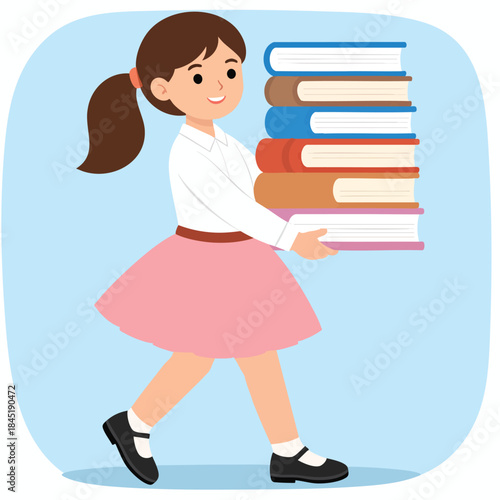 A cheerful cartoon girl with a ponytail carries a tall stack of colorful books, walking against a plain light blue background.