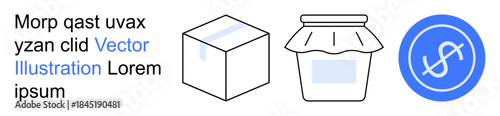 E-commerce, packaging, delivery services, online shopping, logistics, payment solutions. A cube, jar with a lid and a blue circle with a dollar symbol. E-commerce and packaging concept