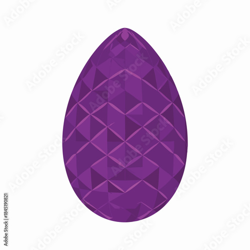 A vibrant purple egg-shaped object with a complex faceted geometric pattern, isolated on a white background, showcasing a modern decorative design.